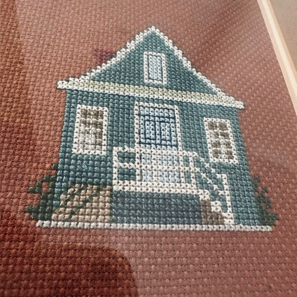 Vintage Framed Matted Cross Stitched Embroidered Folk Art Cabin/Church/LakeCabin - Picture 12 of 16